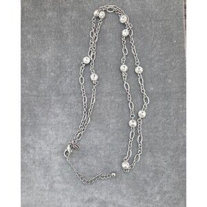 Chicos Silver Station Necklace – Long Bezel Set Crystal Chain (36–40 inches)